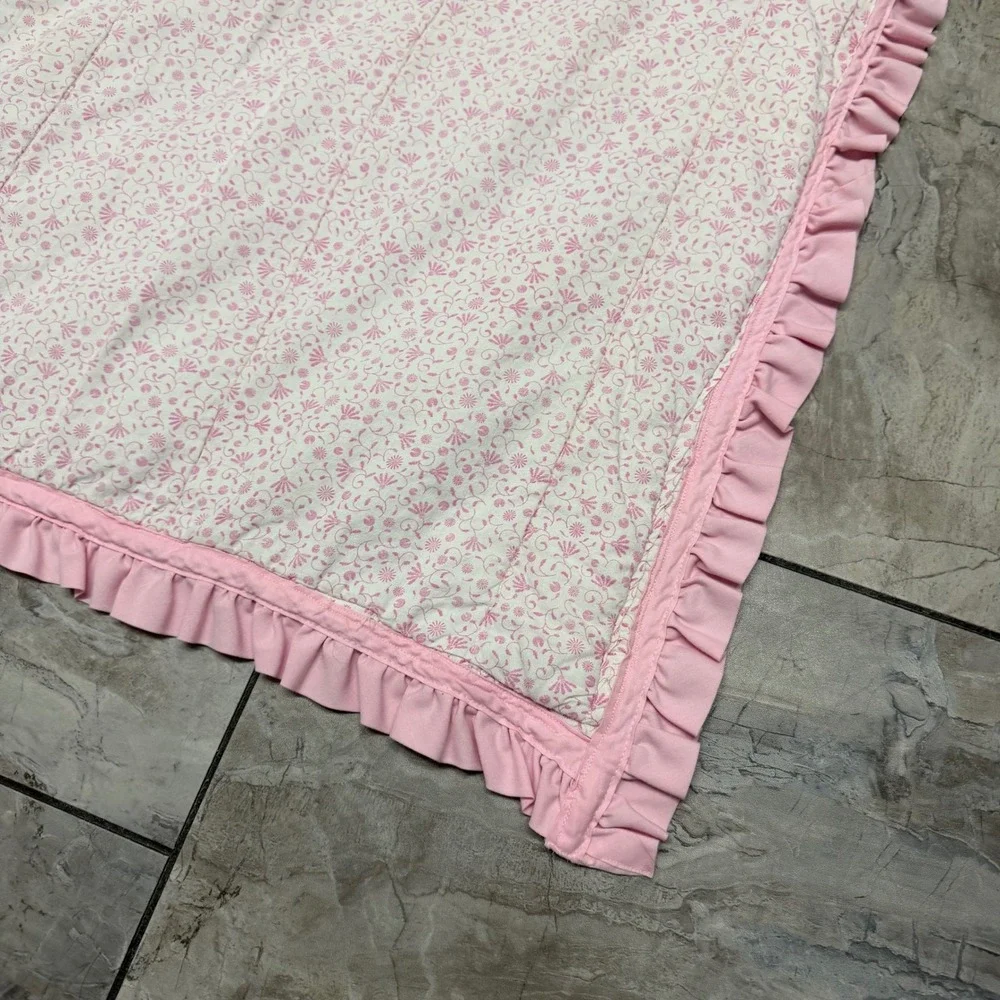 Vintage Pink Floral and White Eyelet Ruffle Trim Reversible Lap Blanket 32x32